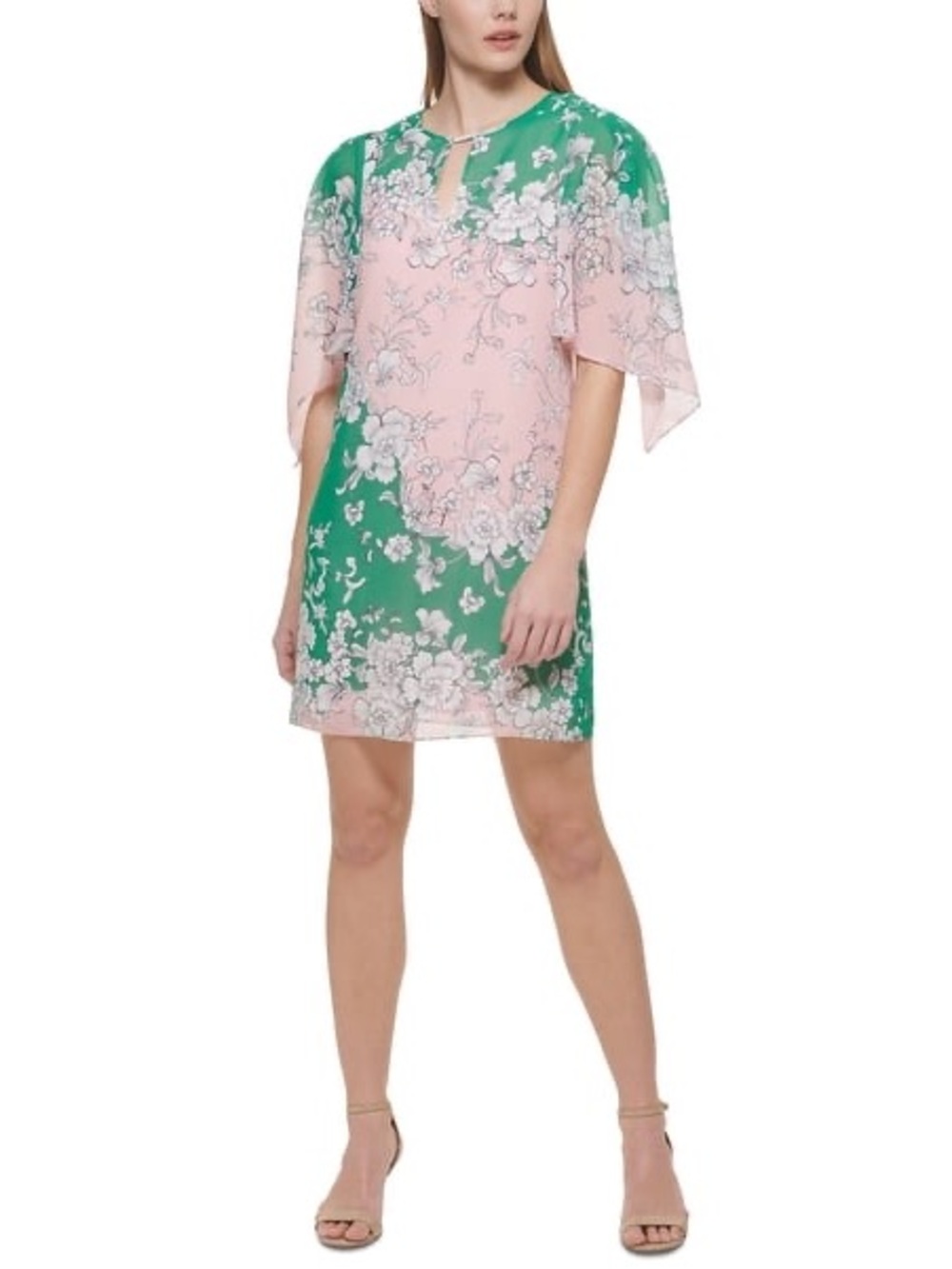 NWT, Vince Camuto Women's Printed Draped Sleeve Shift Dress Green/ Pink, Size 4